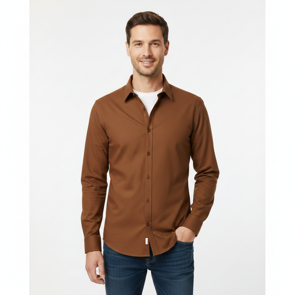 Man wearing a brown button-up shirt and blue jeans on a white background